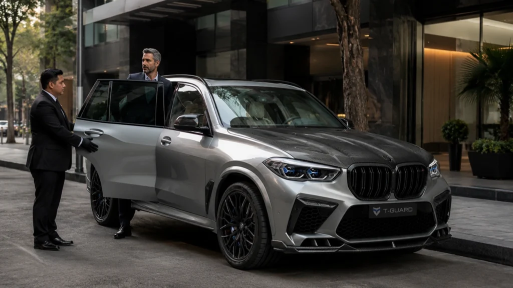 Vista exterior de una BMW X5 blindada para traslados seguros de ejecutivos y empresarios.