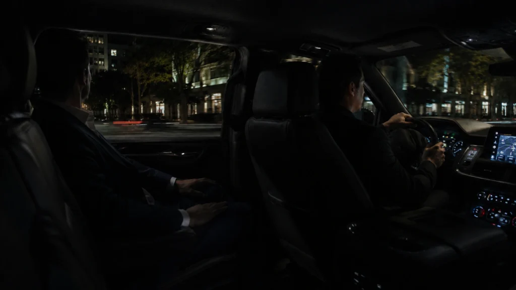 Interior de Chevrolet Tahoe blindada con asientos de lujo, tecnología moderna y comodidad para los pasajeros.