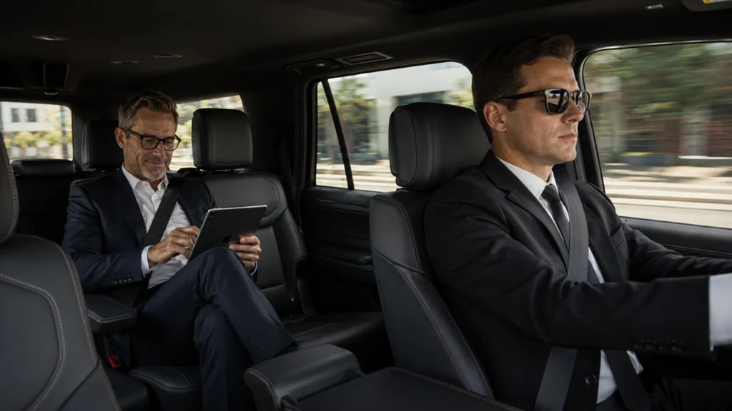 Cabina de Ford Expedition blindada con amplio espacio, sistema de entretenimiento y máxima comodidad para los pasajeros.