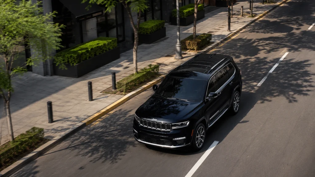 Vista exterior de una Jeep Grand Cherokee blindada con diseño elegante y protección balística certificada.