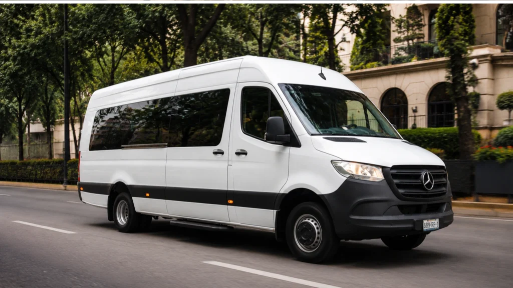 Vista exterior de una Mercedes-Benz Sprinter blindada con protección balística certificada.